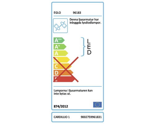 Energidekal för armatur med inbyggda lysdioder. Lamporna i armaturen kan inte bytas ut.
