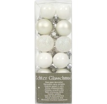 Förpackning med tolv vita julgranskulor av glas