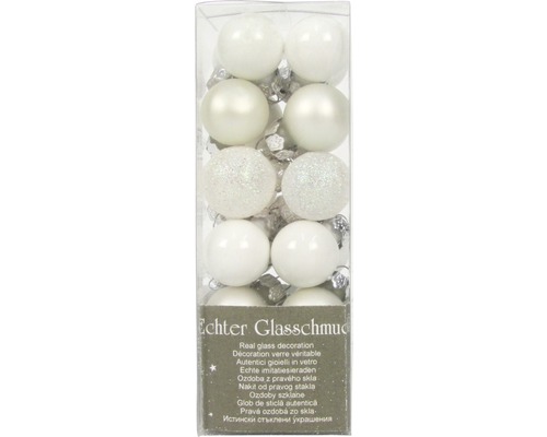 Förpackning med tolv vita julgranskulor av glas