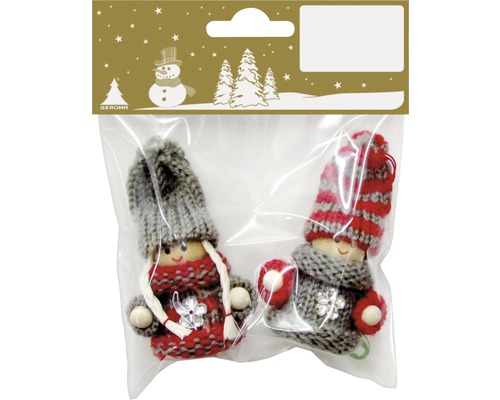 Julgranspynt figur i trä/garn 7,5cm grå/röd 2-pack