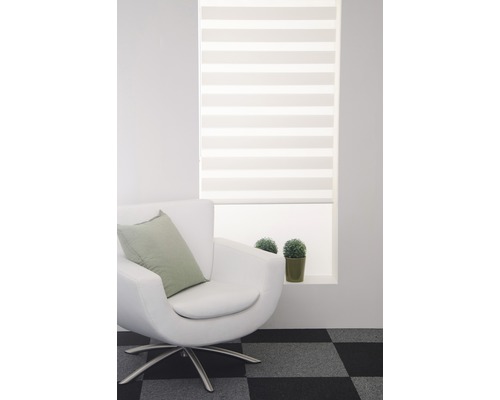 Vardagsrum med fönster, dubbel rullgardin och fåtölj