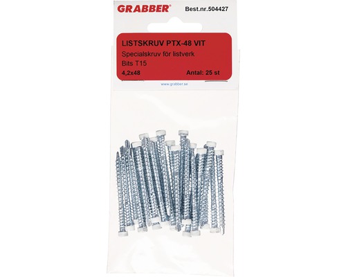 Förpackning med 25 vita skruvar på 4,2x48 millimeter