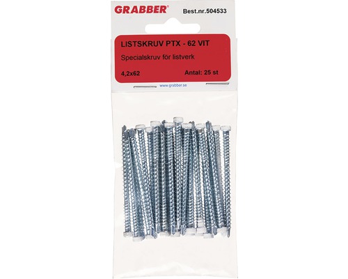 Förpackning med 25 vita Grabber Listskruv PTX 62 skruvar 4,2x62