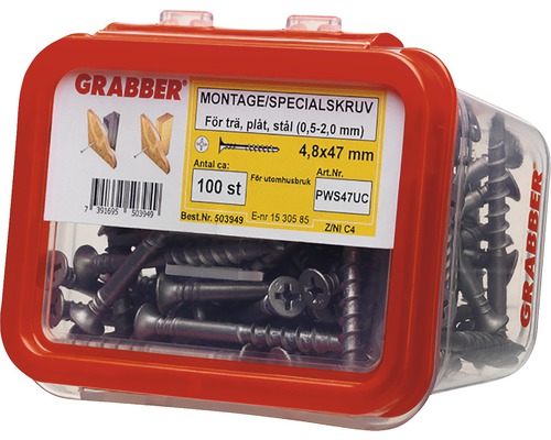 Grabber montageskruvar 4,8x47 mm, 100 stycken i plastbehållare