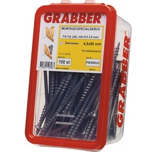 Grabber monteringsskruvar 4,8x80 mm i plastbehållare, lämpliga för trä, plåt och stål, för utomhusbruk, 100 stycken
