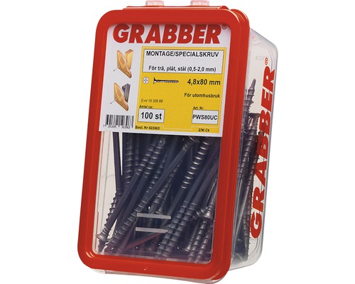 Grabber monteringsskruvar 4,8x80 mm i plastbehållare, lämpliga för trä, plåt och stål, för utomhusbruk, 100 stycken