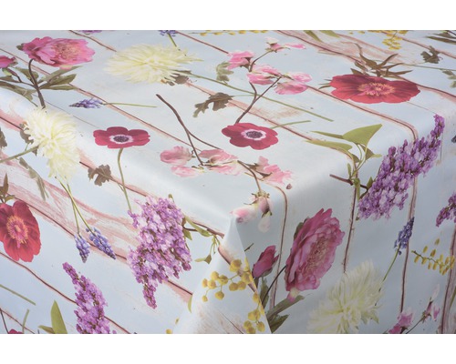 Vaxduk VENILIA Wooden Flower 140cm bred (metervara) Bordsduk med blommönster och träutseende