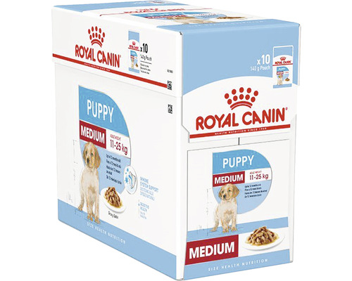 Royal Canin logotyp. Kartong med våtfoder för mellanstora valpar från 11 till 25 kilogram, 10 separata förpackningar