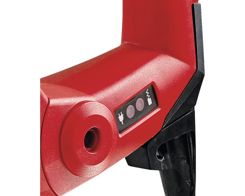 Detaljvy av en röd borrmaskin med symboler för ström och spänning