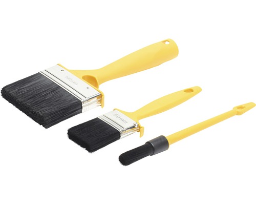 Set med tre målarpenslar med plasthandtag och plastborst