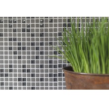 Kakelvägg med mosaik och krukväxt i förgrunden