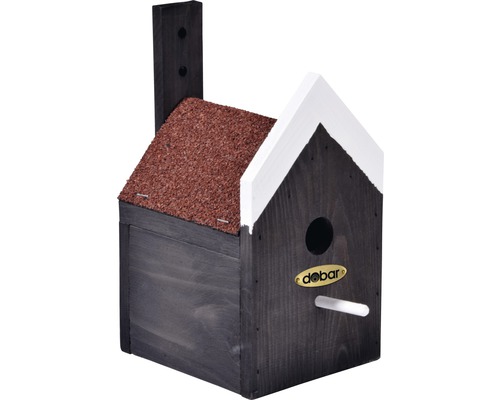 Dobar fågelholk av trä med bitumentak och landningspinne