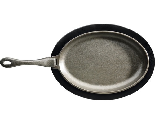 Oval serveringspanna i gjutjärn på underlägg
