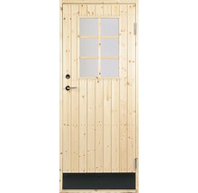 Trädörr med glasinsats, dörrhandtag och sparkskydd