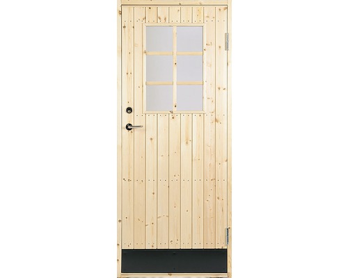 Förrådsdörr SORSELEDÖRREN Varmförrådsdörr +18° glasad 9x20 höger Trädörr med glasinsats, dörrhandtag och sparkskydd