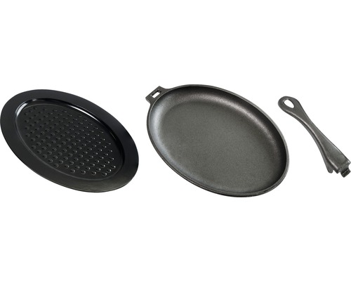 Serveringsplatta i gjutjärn med handtag och underlägg