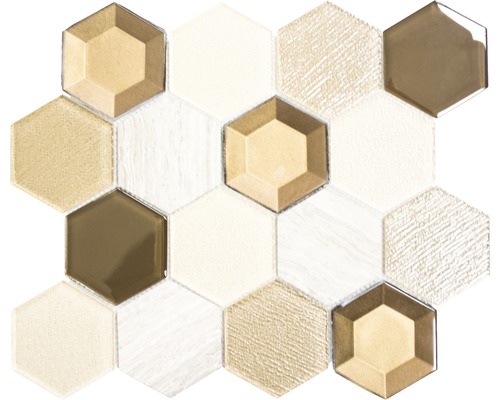 Mosaik glas Hexagon HXN 77 beige mix blank 26,5x30,5 cm Sexkantig mosaikplatta för vägg- och golvbeläggning