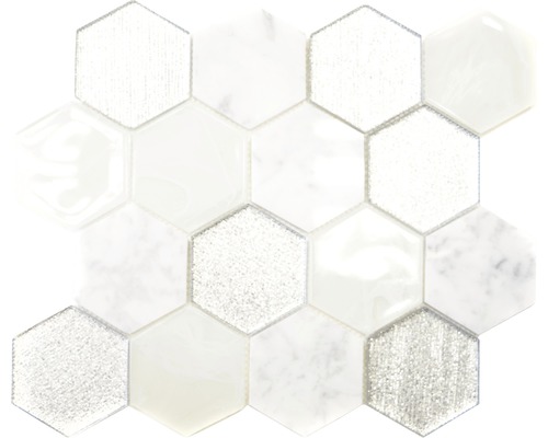Mosaik glas Hexagon HXN 88 silver grå mix blank 26,5x30,5 cm