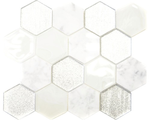 Mosaik glas Hexagon HXN 88 silver grå mix blank 26,5x30,5 cm Mosaikplatta med sexkantiga element av glas och marmor