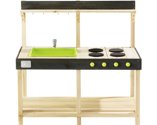 Leksakskök i trä med diskho, kokplattor och förvaringsutrymme