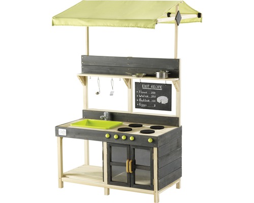 Leksakskök i trä med markis, diskho, kokplattor, ugn, griffeltavla och tillbehör