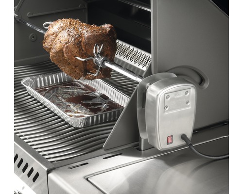 Grill med roterande spett, stek och uppsamlingsbricka