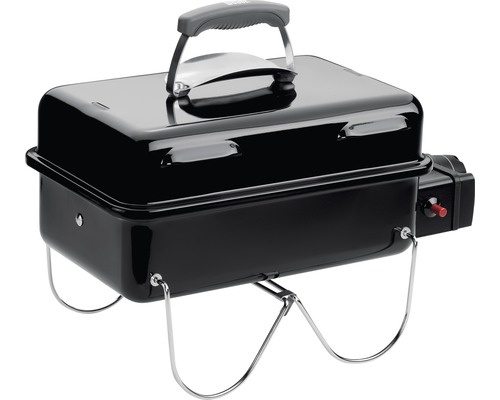 Svart bärbar gasolgrill med lock och bärhandtag