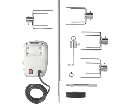 Rotisseri-set med motor, spettgafflar och handtag för grill