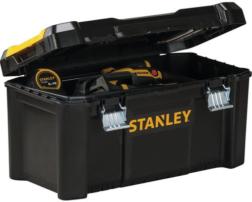 Öppen svart verktygslåda från Stanley med verktyg