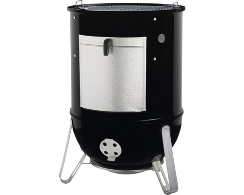 Svart rökgrill med lucka och termometer