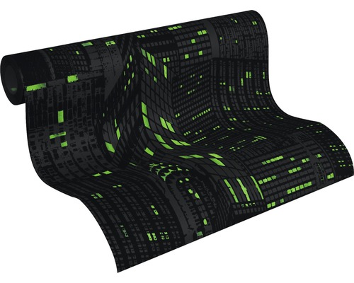 Tapetrulle med mönster av svarta hus och gröna fönster