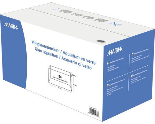 Förpackning för ett Marina helglasakvarium med en kapacitet på 54 liter och måtten 60 gånger 30 gånger 30 centimeter