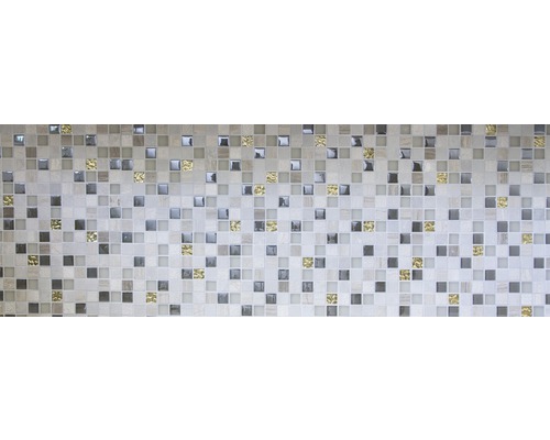 Mosaikplatta med kvadratiska element i olika gråtoner och guldaccenter