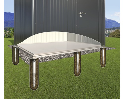 Jordskruvarfundament BIOHORT SmartBase PLUS HighLine H4 AvantGarde A7, Panorama P4 Illustration av ett trädgårdsskjul med skruvfundament på en gräsmatta