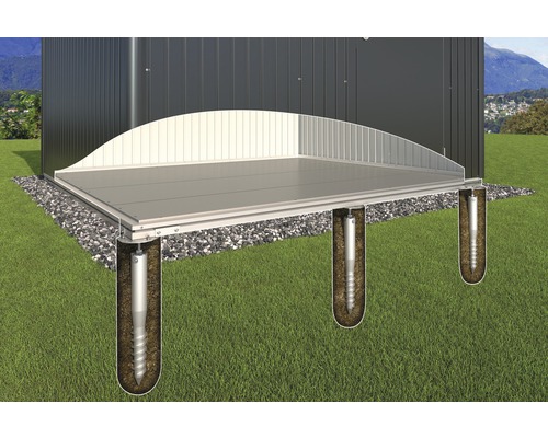 Illustration av ett trädgårdshus på en grund med skruvfundament