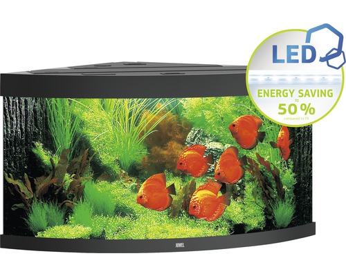 Hörnakvarium JUWEL Trigon 350 LED, filter, värmare 123x87x65 ca 350L svart Hörn akvarium med fiskar och växter, utrustat med LED-belysning för energibesparing