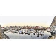 Panoramabild av en hamn med båtar och röda hus