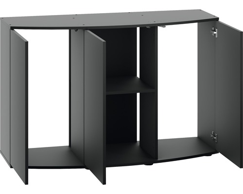 Akvariumskåp med öppna dörrar och hylla