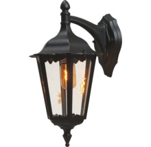 Svart utomhusvägglampa i lyktstil med glaspaneler och en glödlampa