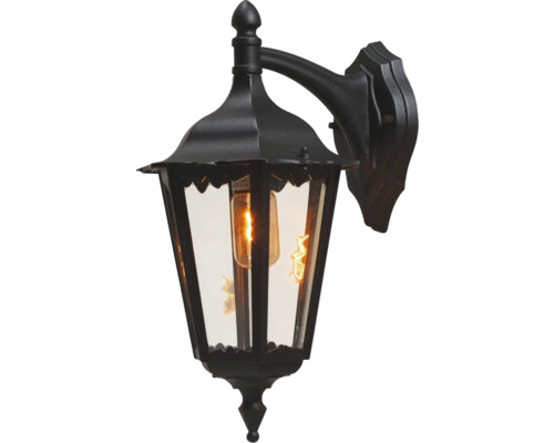 Svart utomhusvägglampa i lyktstil med glaspaneler och en glödlampa