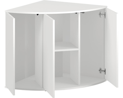 Vitt hörnskåp med öppna dörrar och hyllor