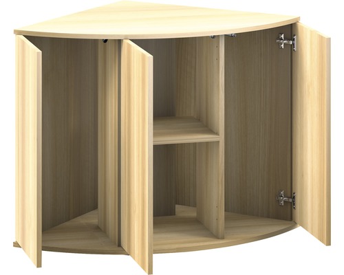 Hörnskåp med öppna dörrar och interna hyllor