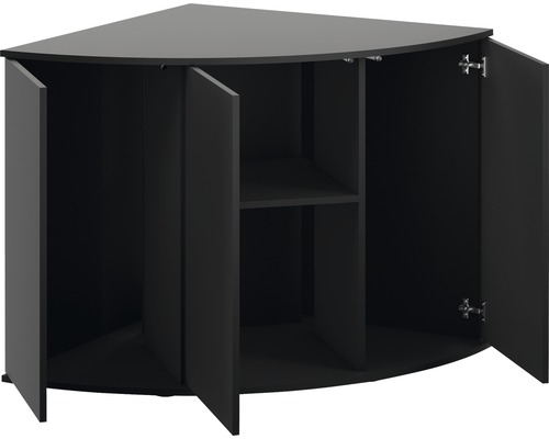 Svart hörnunderskåp med öppna dörrar och hylla