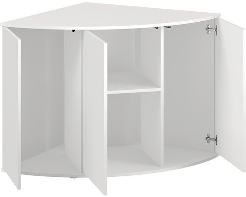 Vitt hörnskåp med öppna dörrar och hylla