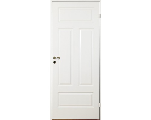 Vit innerdörr med fem fält och dörrhandtag