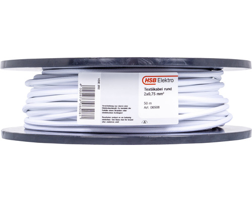 Textilkabel 2x0,75mm² SKK vit, metervara HSB Elektro textilsladd rund 2x0,75 mm² på spole