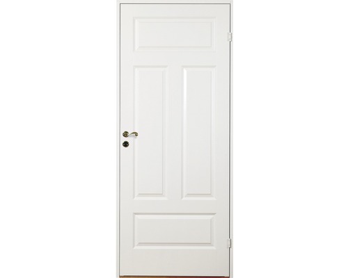 Vit innerdörr med fem fyllningar och dörrhandtag