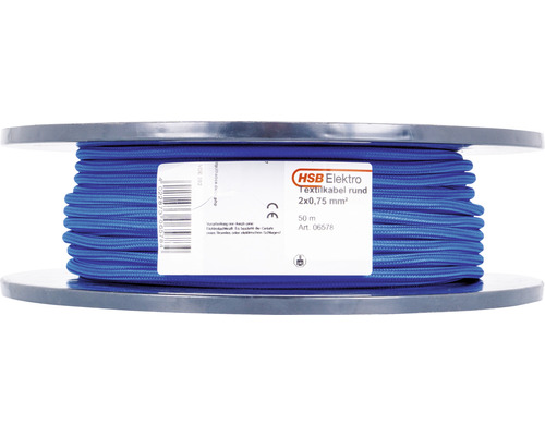Rulle med blå rund textilsladd, 2x0,75 mm², 50 meter
