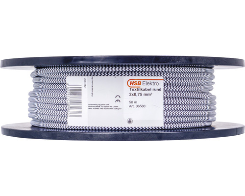 Textilkabel 2x0,75mm² SKK svart/vit, metervara Textilkabel på rulle, rund, 2x0,75 mm²