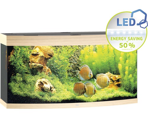 Inrett akvarium med fiskar, växter och stenar. LED-symbol för energibesparing på 50 procent jämfört med T5.